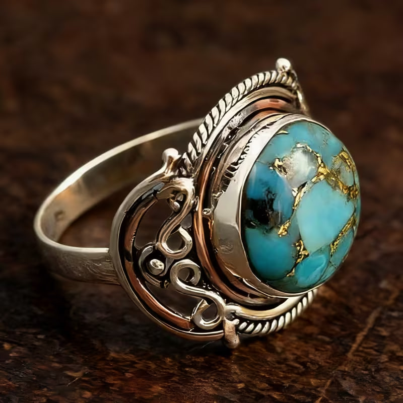 1pc Women Fashion Wide Ring Unique Inlay Synthetic Turquoise Two Color Ring for Women 