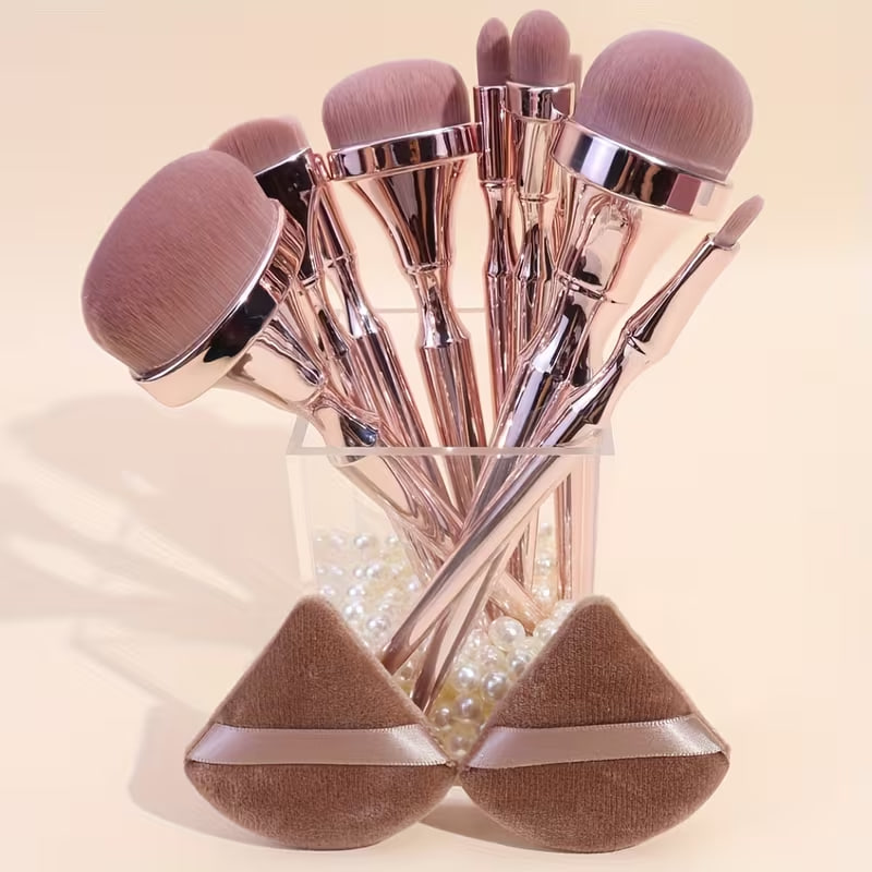 9 Toothbrush-type Makeup Brushes Set + 2 Powder Puff Full Set of Makeup Brushes Loose Powder Brush Blush Brush Eye Shadow Brush High-end Electroplating Handle Beauty Tools