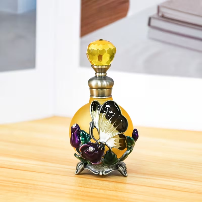 A 25ml Painted Rose Butterfly Glass Round Ball Fragrance Dispenser Bottle