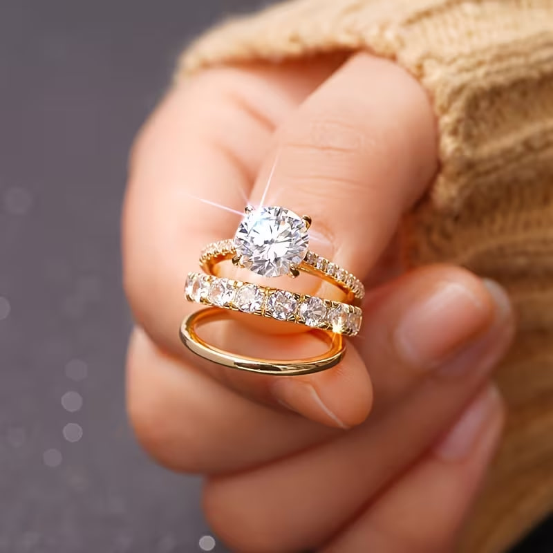 3pcs Women'S Band Ring Exquisite Luxury Inlaid Sparkling Zirconia Ring Engagement Wedding Banquet Jewelry Valentine'S Day Anniversary Gift