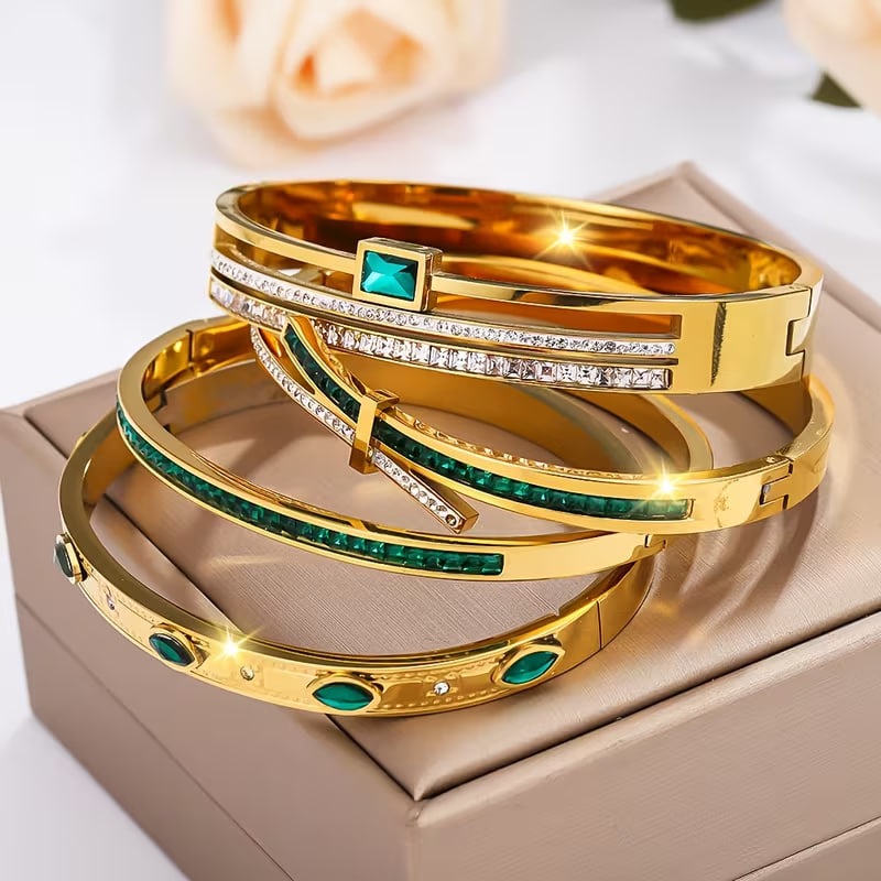 4pcs/Set High Quality Stainless Steel Wristband for Women, Green Moissanite with Golden-Tone Metal Series, Elegant And Refined, Exquisite Jewelry Gift for Women