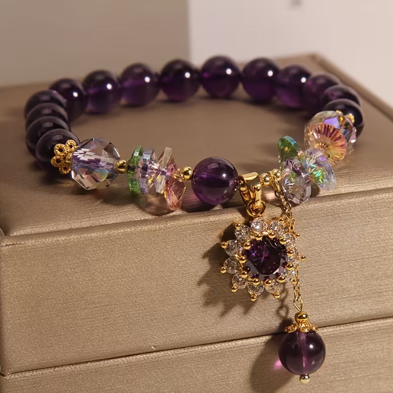 1pc Elegant Purple Beaded Bracelet with Sparkling Crystal Pendant 