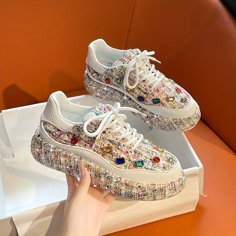 Women's Sparkling Rhinestone Platform Casual Sports Shoes, Shiny Wedge Sneakers, Party and Daily Wear Shoes, All-Season Style