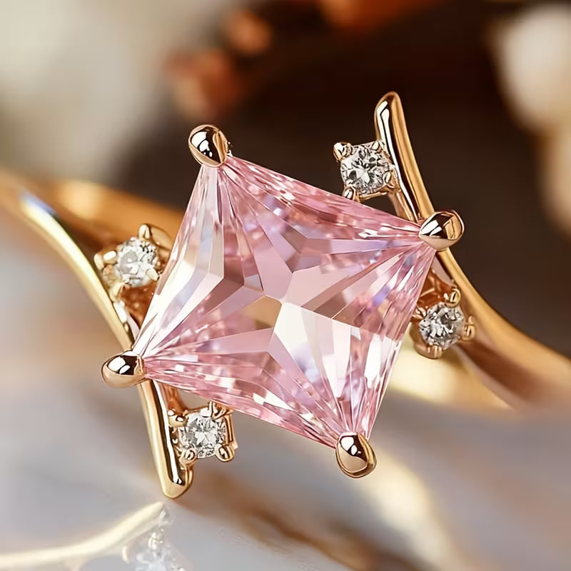 Women's Pink Cubic Synthetic Zirconia Engagement Ring - 4-Prong Square Pink Synthetic Synthetic Zirconia Wedding Band 