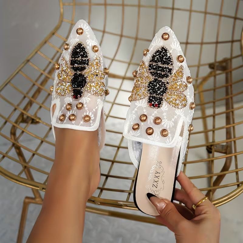New Arrival Women's Luxury Bee Rhinestone Embellished Mules