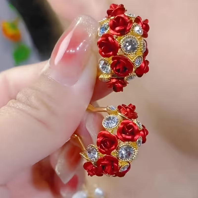 1 Pair of New Fashion Trendy Unique Design Elegant Exquisite Synthetic Zirconia Rose Earrings for Women, Couple Jewelry, Wedding Party Gift