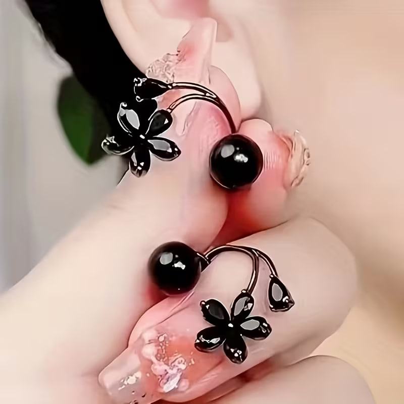 2pcs New Light Luxury Design with High-End Black Flower Earrings