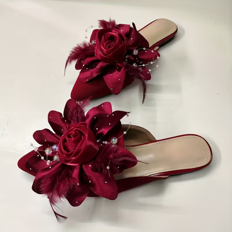 Women'S 2025 New Easy Fashion Pearl Diamond Feather Butterfly Flower Flats Pointed Toe Red Plus Size Women Shoes