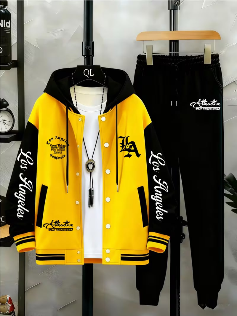 Winter Fashion Selection - Men'S 2pcs Set Featuring LA Stylish Casual Sports Baseball Jacket with Warm Print Long Pants!