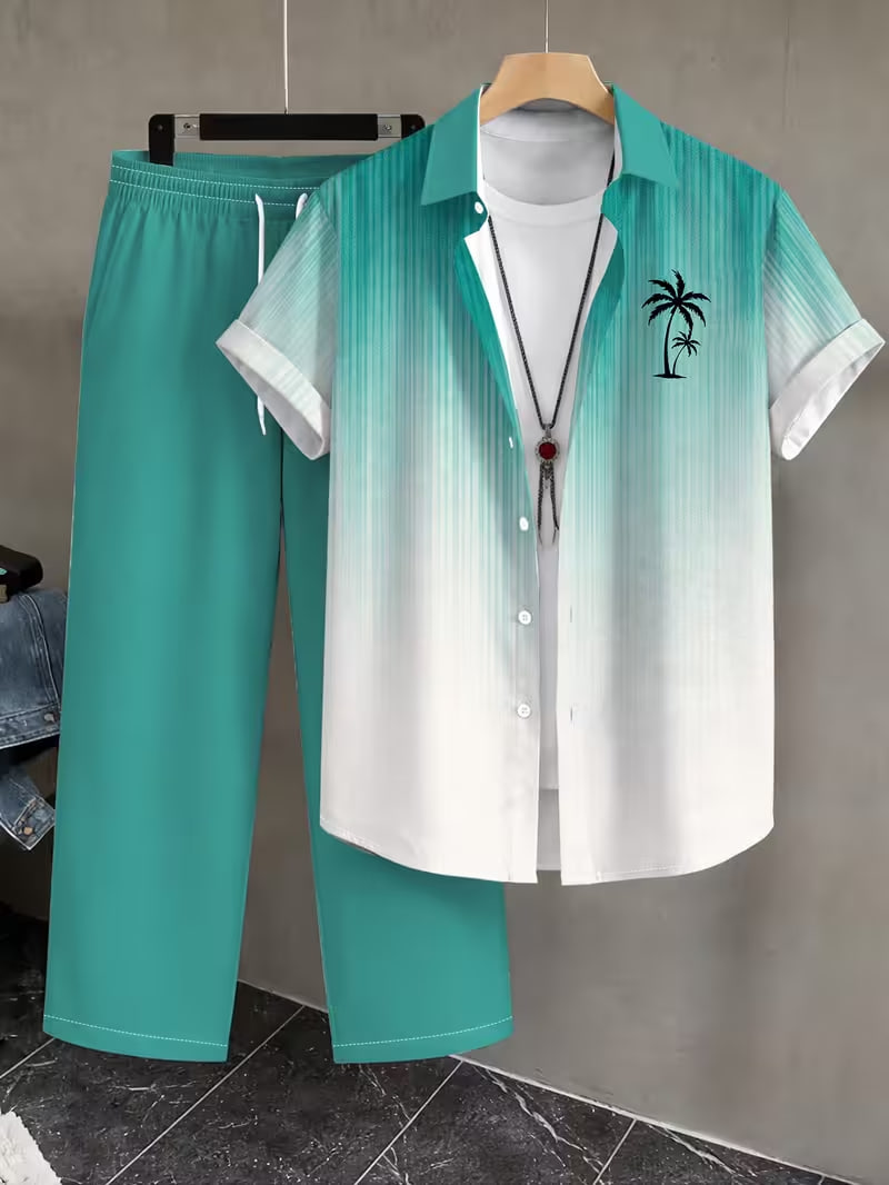 Men's Casual Short-Sleeve Shirt and Trousers Set