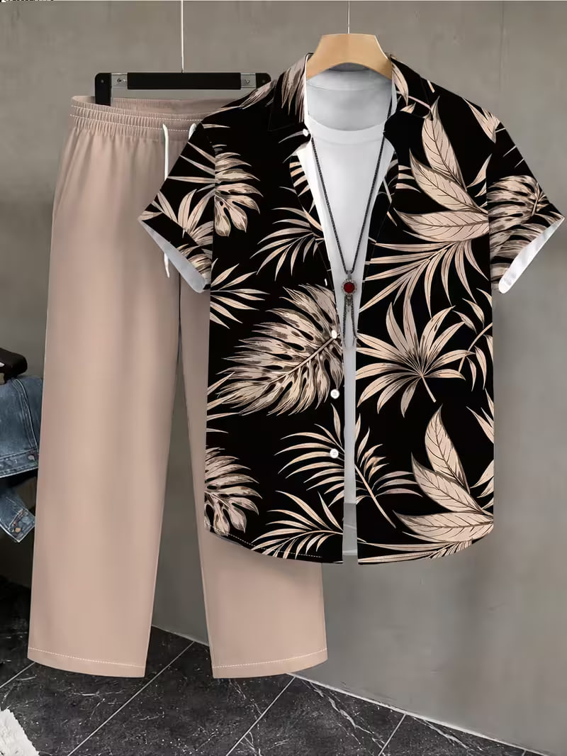 Men'S Casual Stylish Short-Sleeve And Long Pants Outfit, a Two-Piece Set Including a Top And Trousers for Everyday Wear