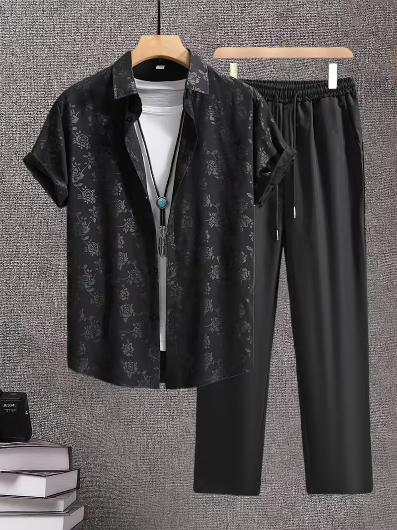 Summer Men's Casual Fashion Short Sleeve Shirt and Black Trousers Set