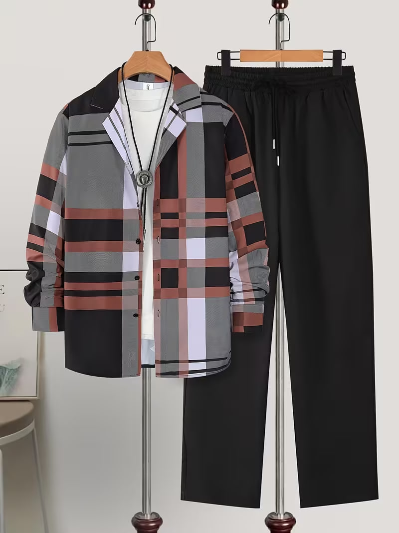 CONJUESS Men's Casual Plaid Long Sleeve Shirt & Drawstring Pants Set 
