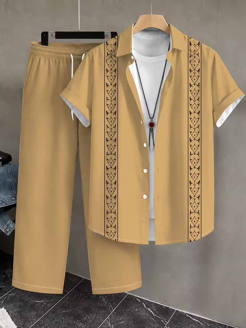 Men's Casual Short-Sleeve Shirt and Long Pants Set