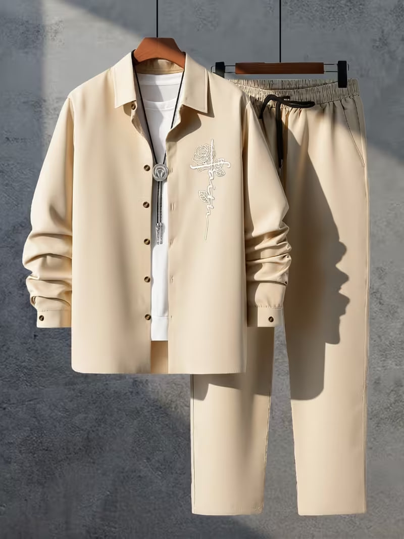 New Autumn/Winter Men's Casual Woven Y-Like Fabric Floral Print Long-Sleeve Lapel Shirt and Drawstring Trousers Set
