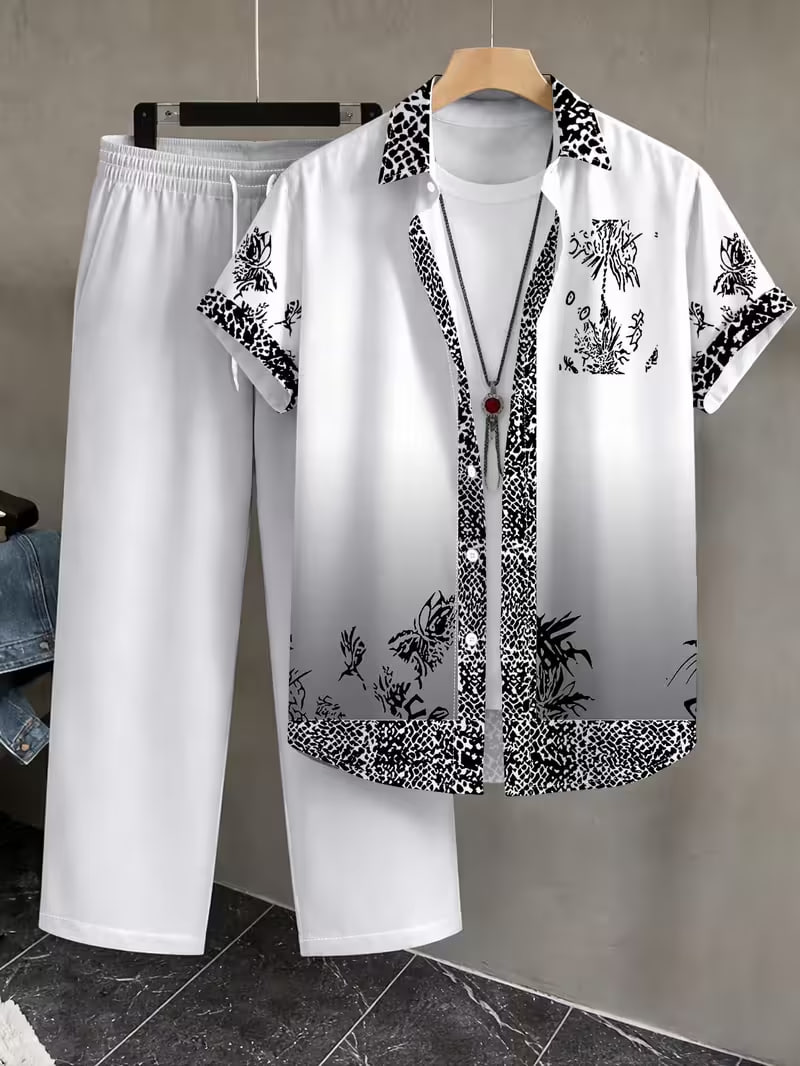 Men'S Summer Casual Vacation Style Short Sleeve Shirt And Long Pants 2Pcss Set 