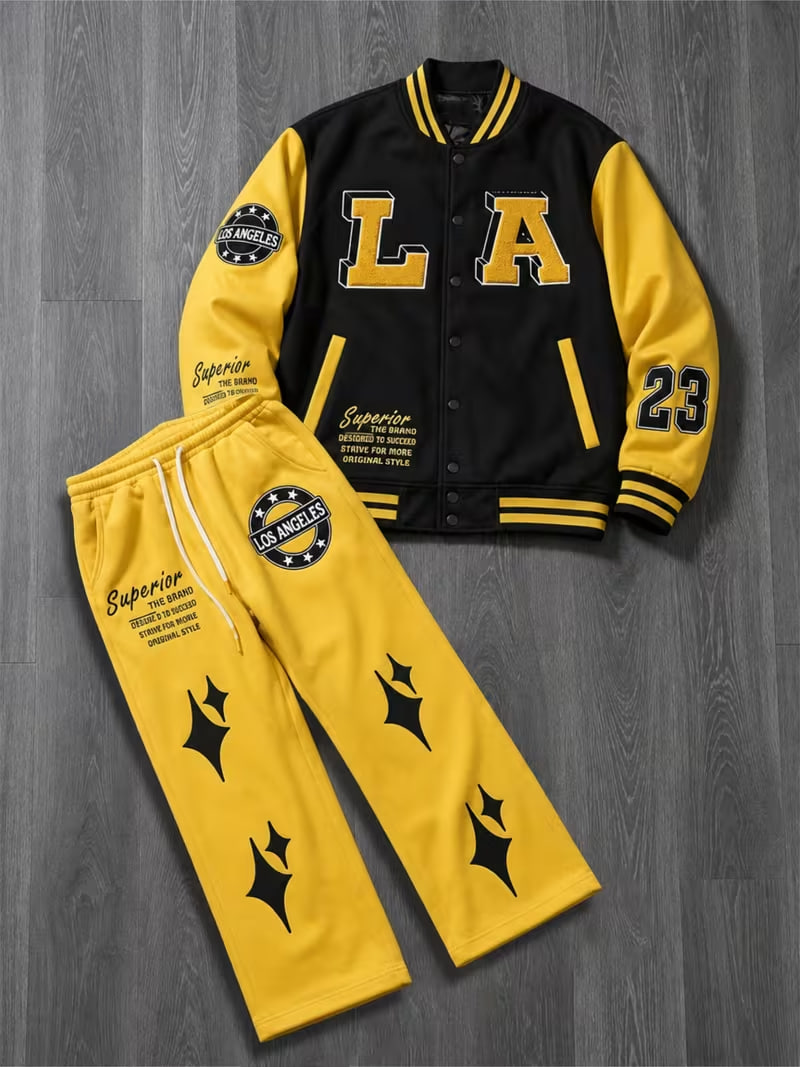 Black and Yellow Contrast Color LA Letter Embroidered Baseball Jacket Set for Men