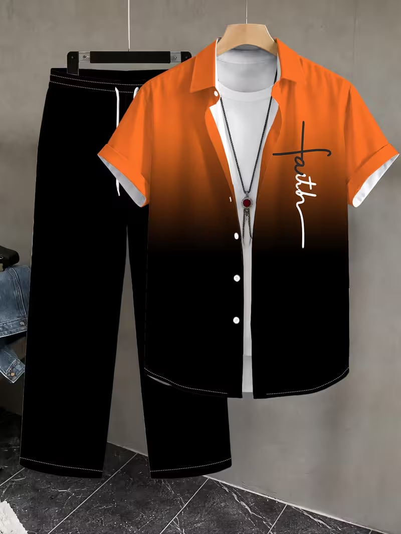 Men'S Casual Short Sleeve Shirt And Long Pants Set