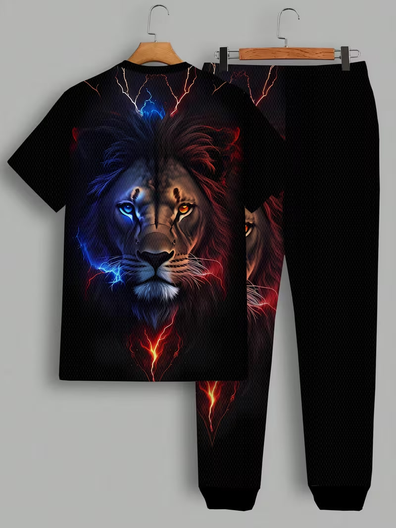 3D Men's Casual Fashion Sports Lion Print Round Neck Short Sleeve Long Pants Set