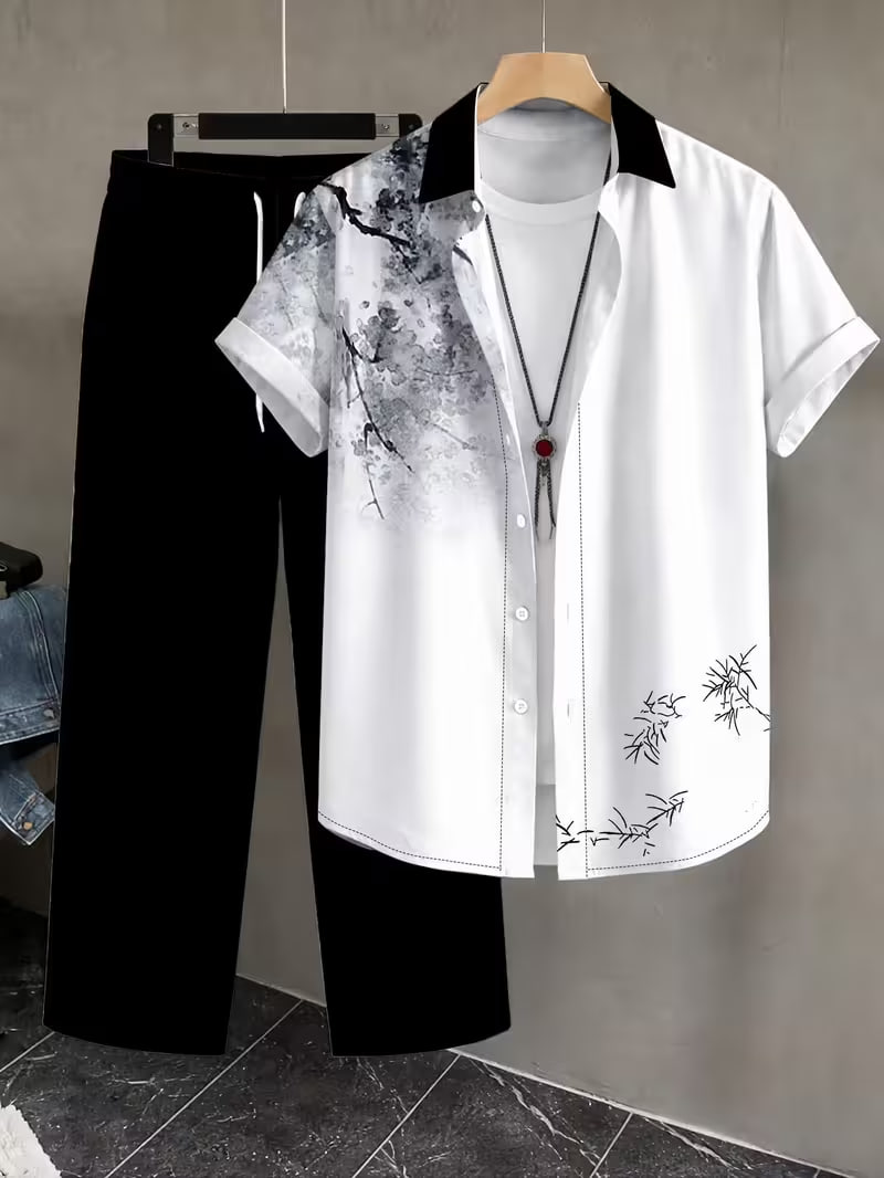 Men's Summer Casual Vacation Style Short Sleeve Shirt + Long Pants 2pcs Set
