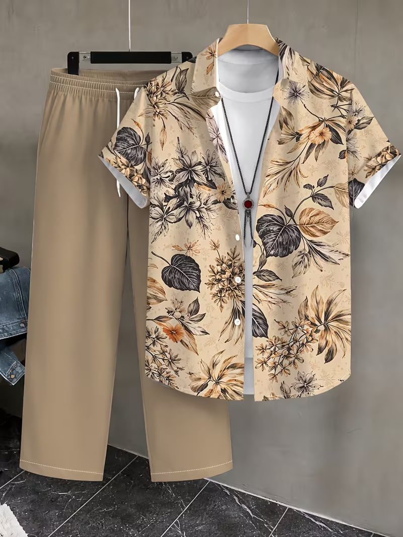 Men'S Fashion Casual Suit Short Sleeve Shirt And Matching Long Pants Mature Man'S Stylish Outfit 