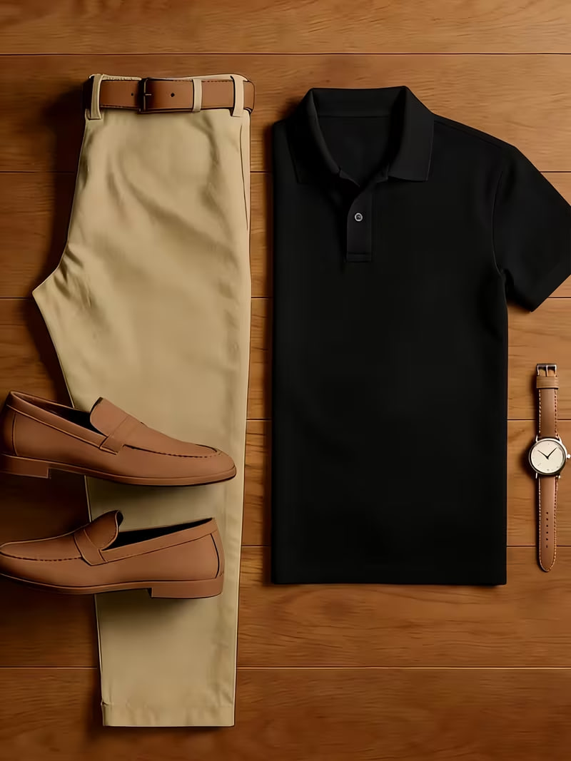 Men'S 2pcs Business Casual Outfit, Solid Color Polo Shirt + Slim Fit Suit Pants Set