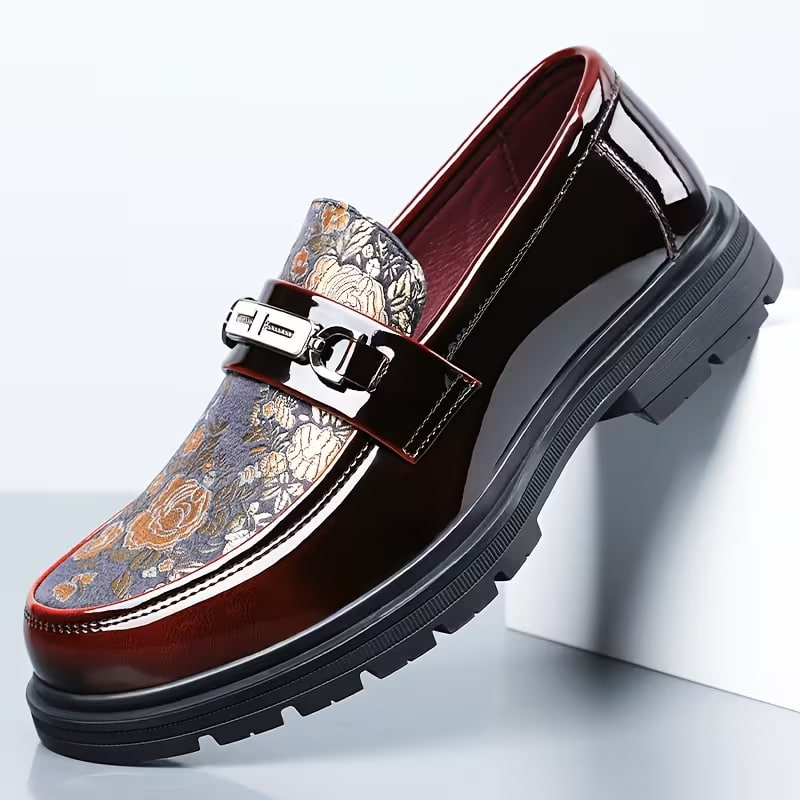 Vintage Printed Fabric Loafers, Thick-soled, Square-toed, with Golden Buttons, Slip-on Shoes