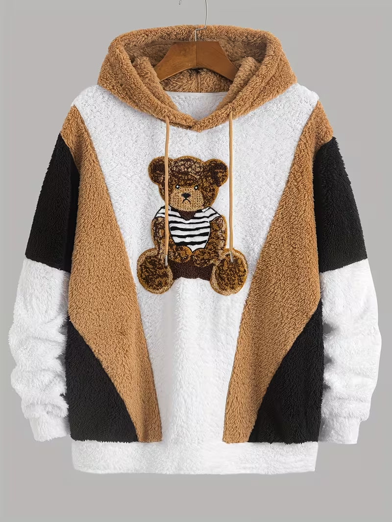 Men'S Bear Embroidered Hooded Plush Sweatshirt