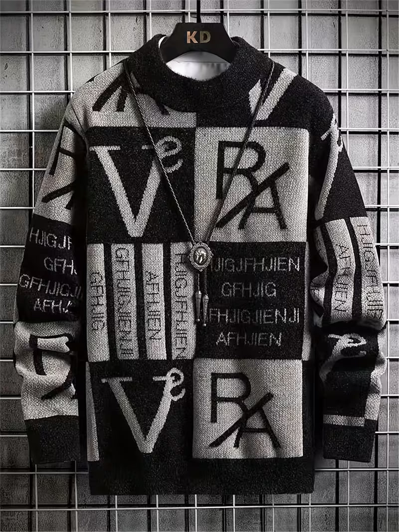 [Maiqiqi Obm]New Autumn And Winter Men'S Knitted Pullover, Round Neck Letter Patchwork Knit Sweater