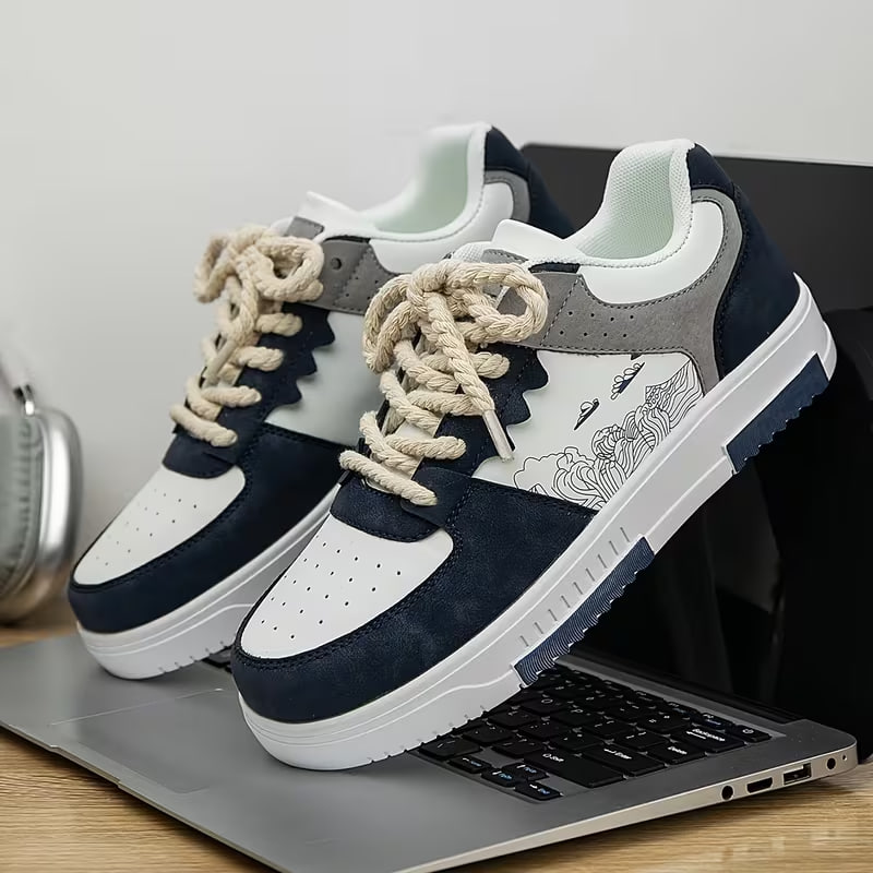 Men's Letter Pattern Print Patchwork Lace-Up Flat Shoes, Niche Versatile Fashionable Couple's Casual Sneakers