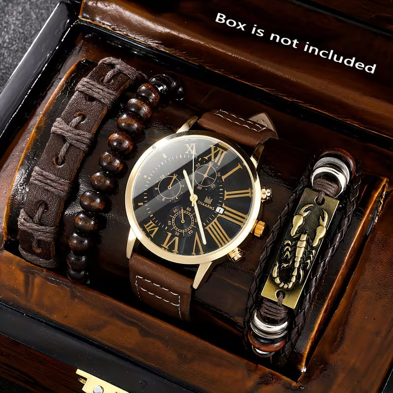4pcs/SET Men's Brown Analog Watch & Matching Bracelet Set 
