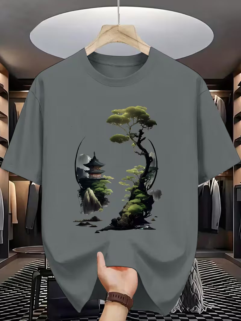 Japanese-style Landscape Art Print Short-sleeve Shirt, Classical and Elegant Style