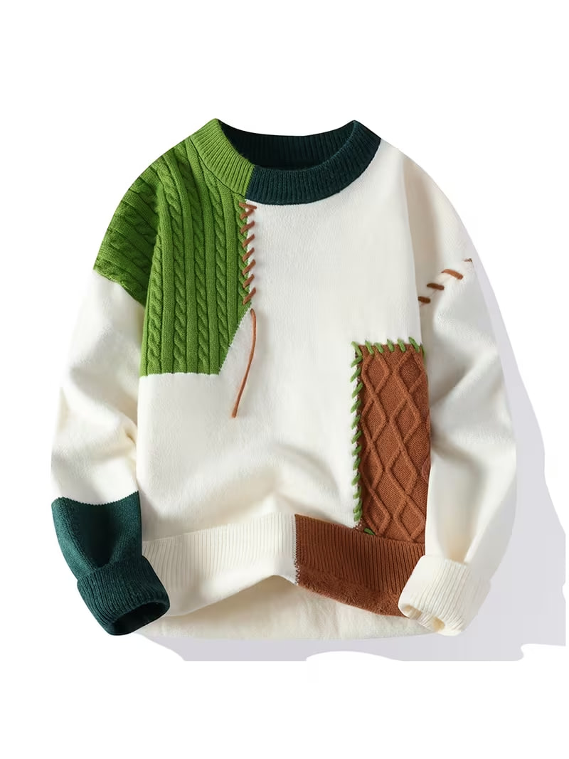 Autumn Winter New Casual Round Neck Color-Block Sweater Men'S Casual Individual Design Sense Knit Top Couple Outfit