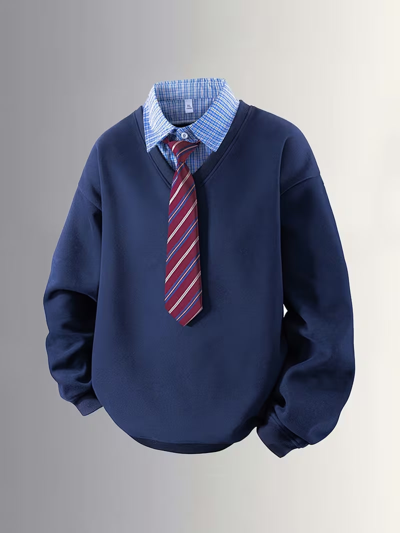 New Autumn Trendy Business Style Men's Casual Outing Top with Contrast Stitching Necktie and Collar Sweatshirt