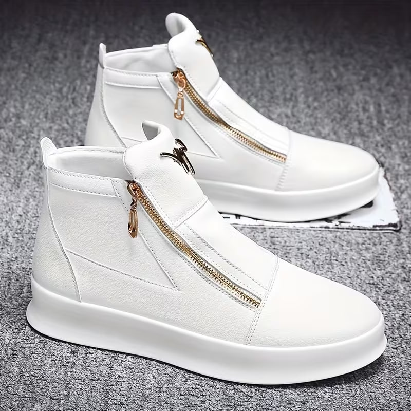 Men's Low-Top Casual Sneakers with Dual Zipper Design, White and Golden Accents