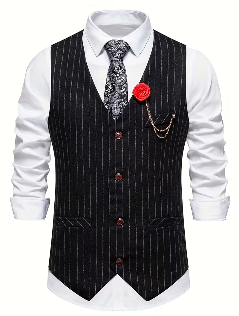 Men'S Business Suit Vest, British Gentleman Retro Style with Rose Stripes