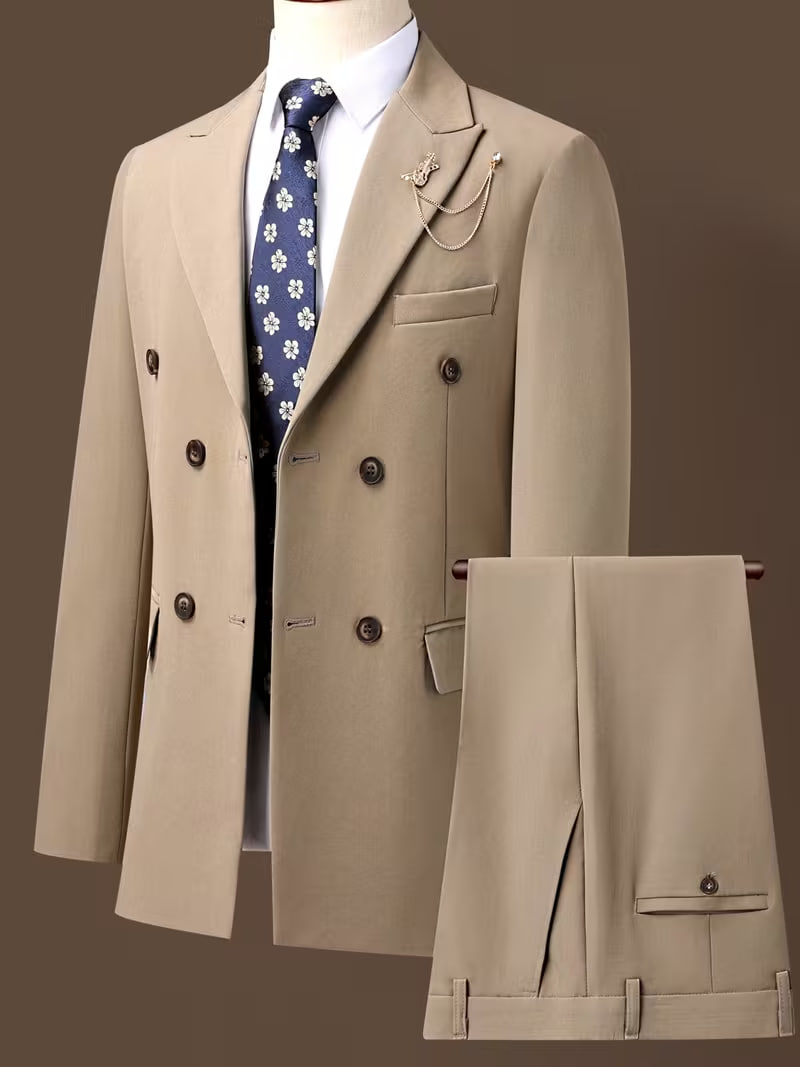 Men's Notched Lapel Double-Breasted Solid Color Suit Two-Piece Set