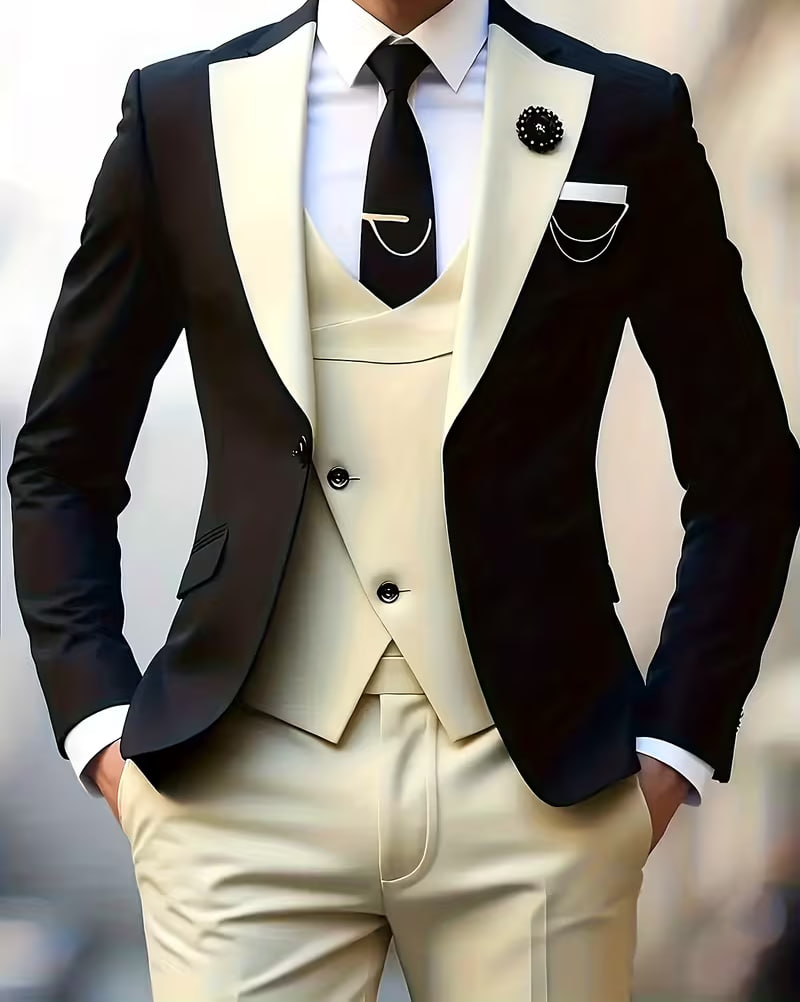 Men's Premium 3pcs Suit Set with Contrast Color Collar 