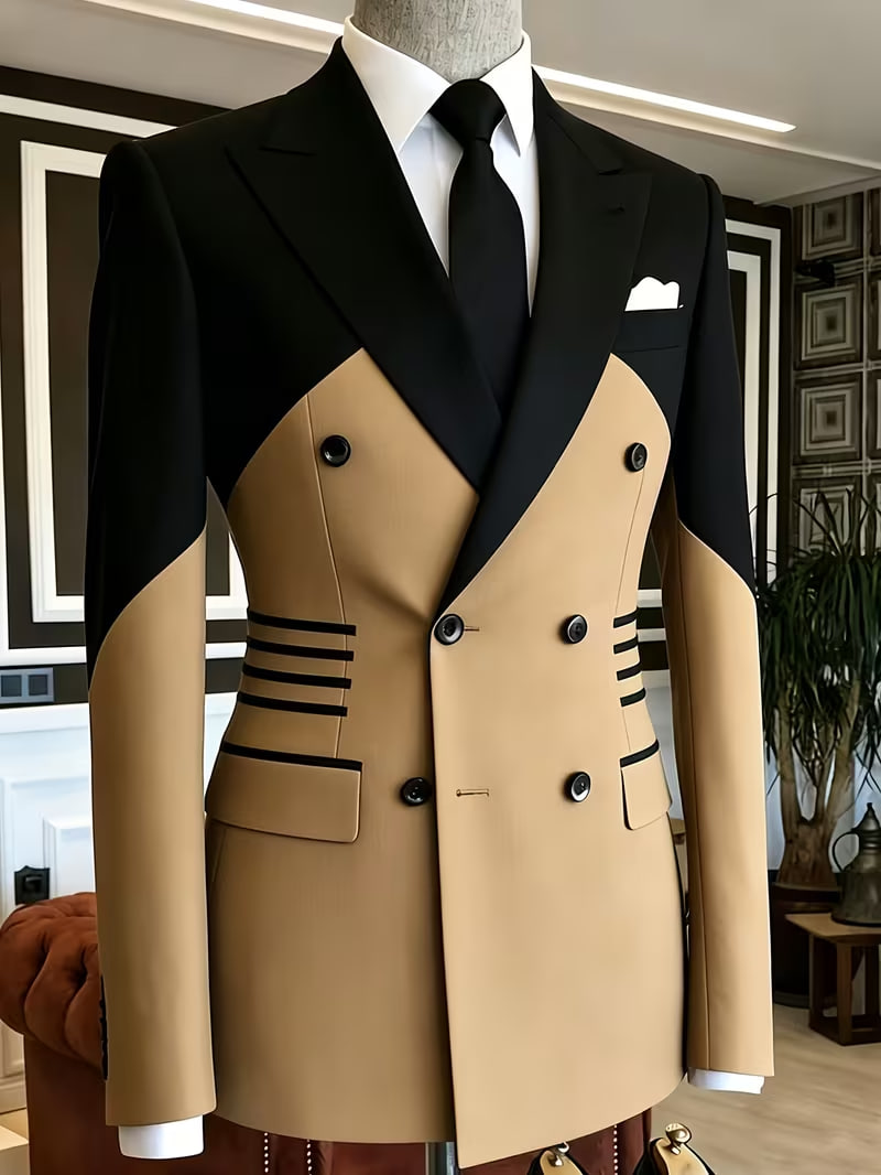 Men'S Black Khaki Color Block Double-Breasted Suit Jacket Formal Business Blazer