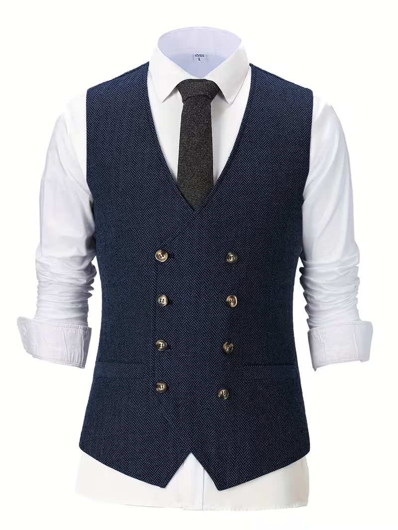 Men's Casual Suit Vest Formal Wool Herringbone Double-Breasted Vest for Weddings and Parties