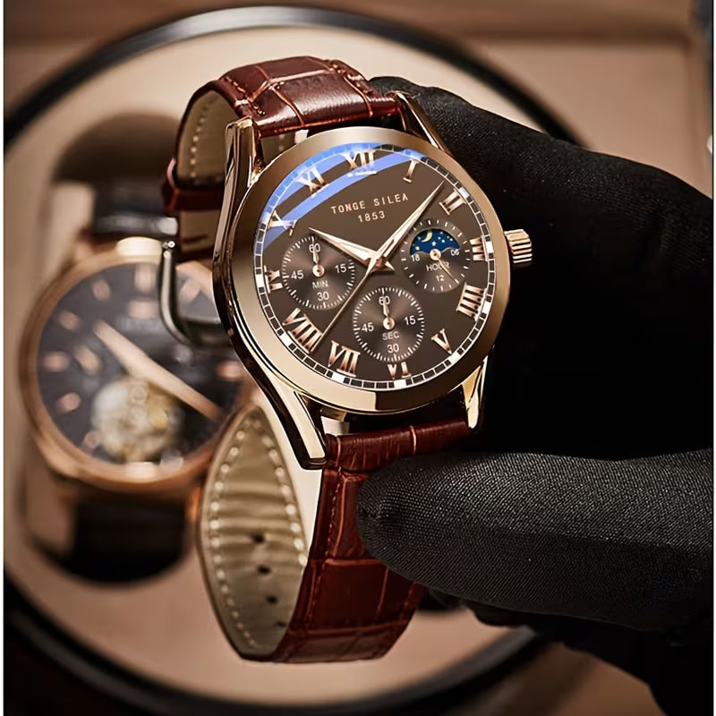 1 Coffee PU Leather Strap Luxury Watch 