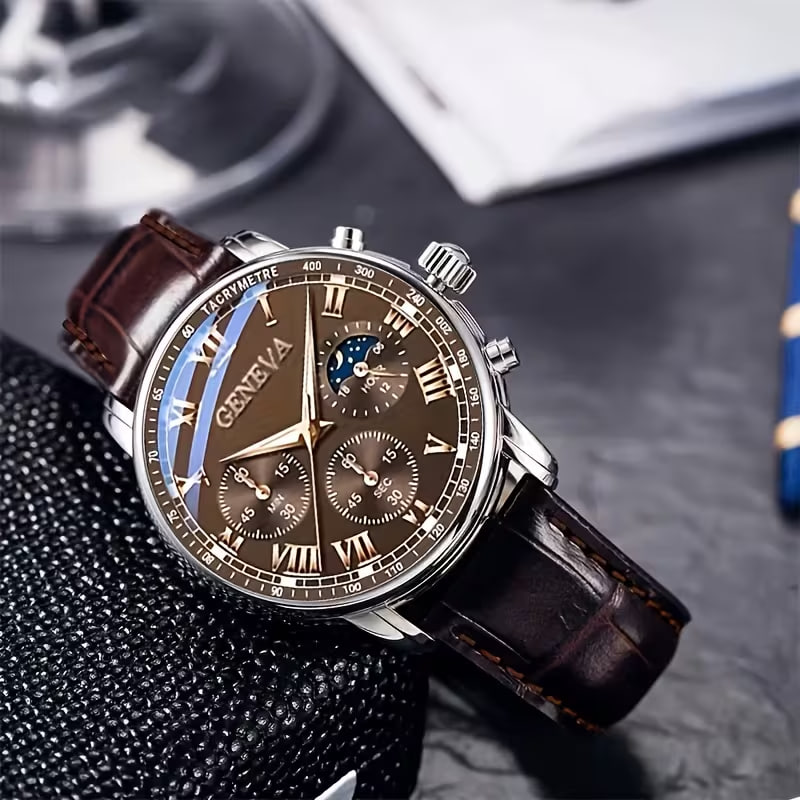 Men'S Quartz Watch - Faux Leather Strap, Round Alloy, Button Battery Powered Business And Sports Watch