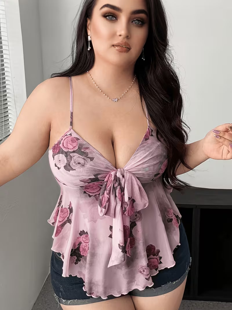 Plus Size, New Summer Plus-size Women's Tie-up Rose Print Camisole, Perfect for Outings, Vacations, and Travel. Summer Women's Clothing.