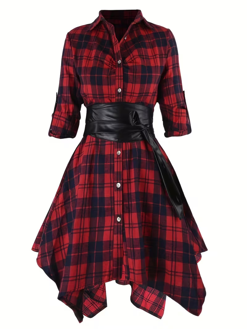 Plus Size - Plus Size - Elegant Lace-Up Plaid Dress, Casual Button-Up Long Sleeve Shirt Dress, Plus Size Women'S Clothing