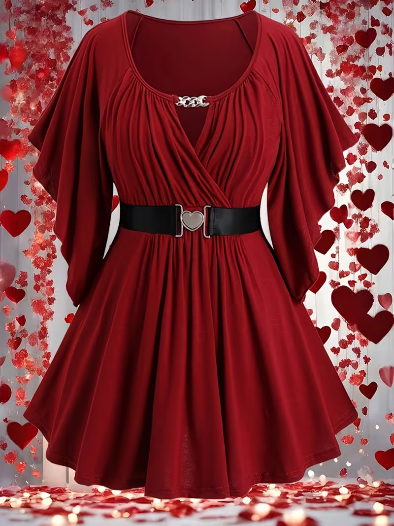 Plus Size, European and American fashion Women's chain-decorated butterfly sleeve shirt top with belt, plus-size T-shirt