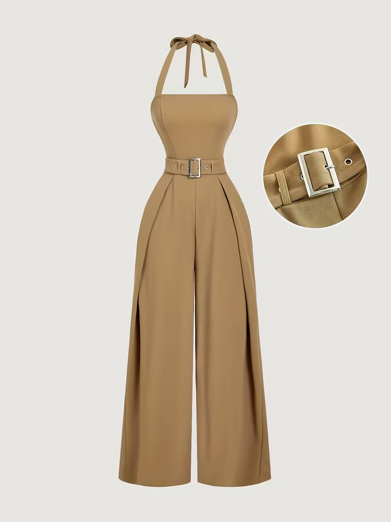 Plus Size, Plus-size Solid Color Halter Tie-neck Jumpsuit with Belt, Elegant Cinched Waist Jumpsuit