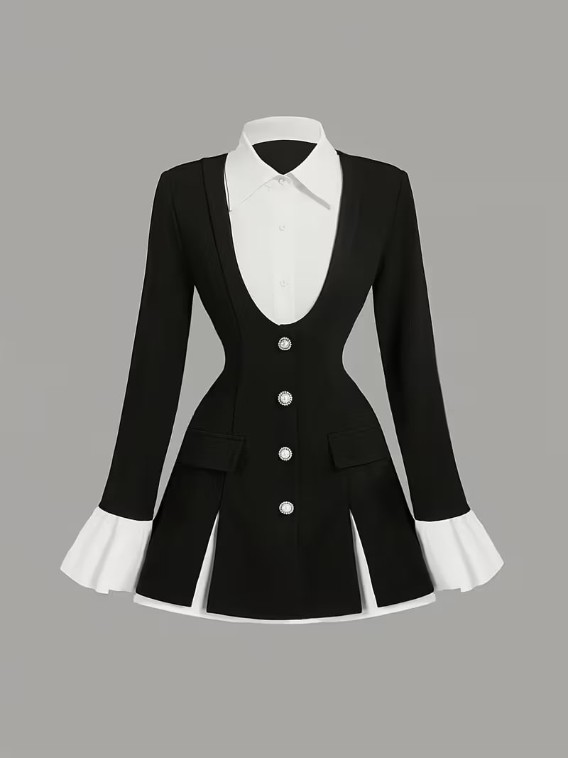Plus Size, Plus Size Women's 2-in-1 Black Waist-Cinching Long Sleeve Ruffle Vest, Spring Autumn Winter Coat, Women's Business Casual, Elegant Office Wear