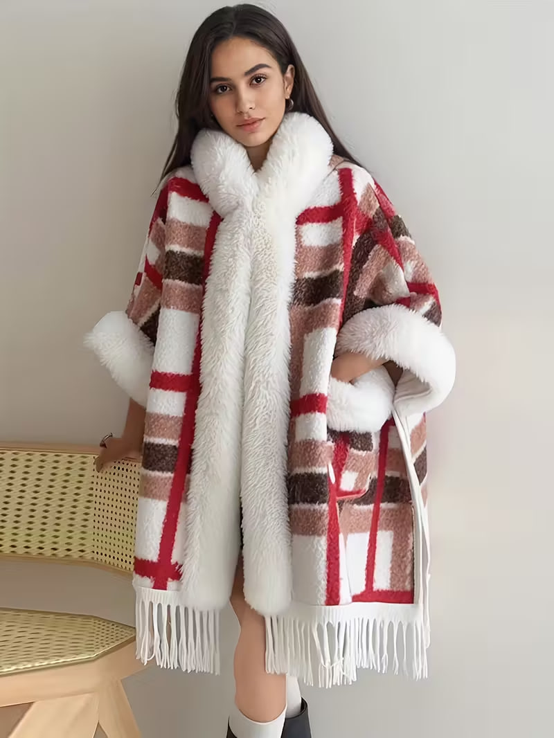 Plus Size, Plush Pocket Tassel Hat Plaid Oversized Vintage Shawl Coat