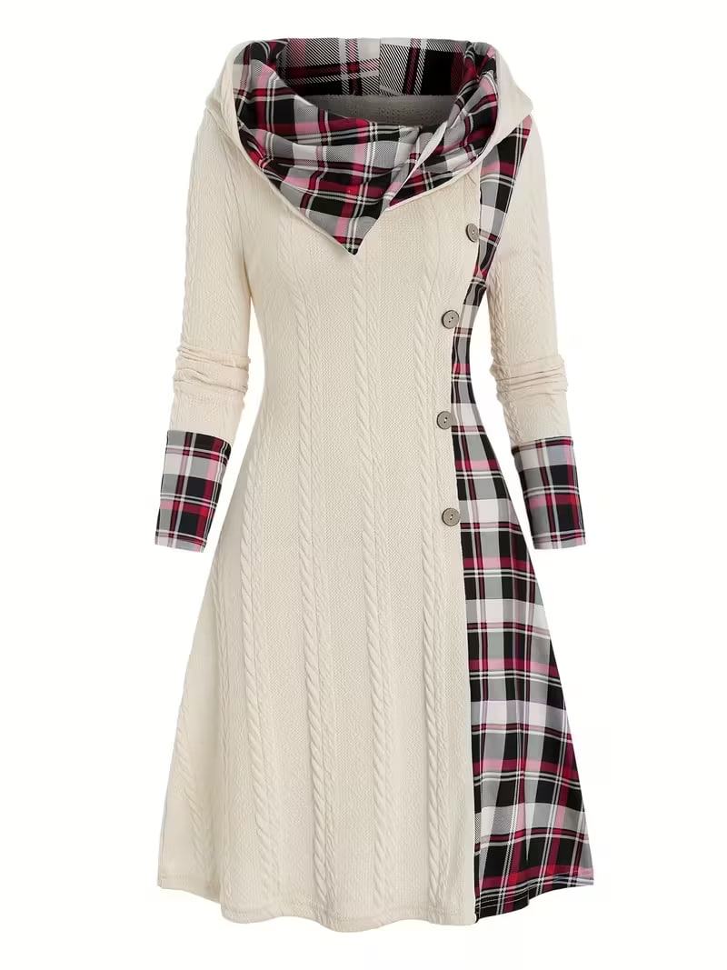 Plus Size, Hooded Dress with Plaid Print, Patchwork, Faux Buttons, High Waist, Long Sleeves, A-Line, Plus Size Women's Dress