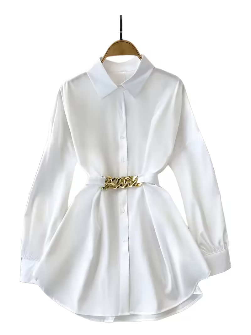 Plus Size, New Plus Size Women's Elegant Casual Solid Color Top with Chain-Decorated Belt, Long Sleeves, Lapel Collar, and Button-Up Design